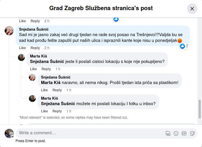 Facebook prepiska zastupnice Marte Kiš s građania na službenoj FB stranici Grada